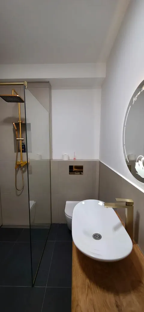 Apartman 2 — kupatilo sa staklenim tušem i lavaboom na drvenoj ploči